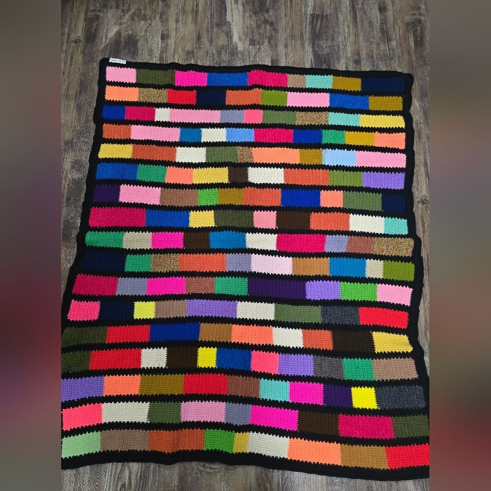 Hand Crocheted Multi Color Squares Afghan Throw Blanket 56" x 46.5"